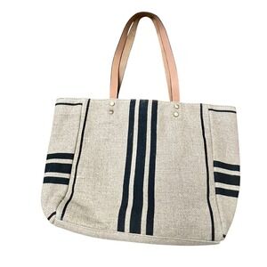 J JILL Large Canvas Leather Tote Bag Stripe Canvas Shoulder‎ Bag Book Minimalist